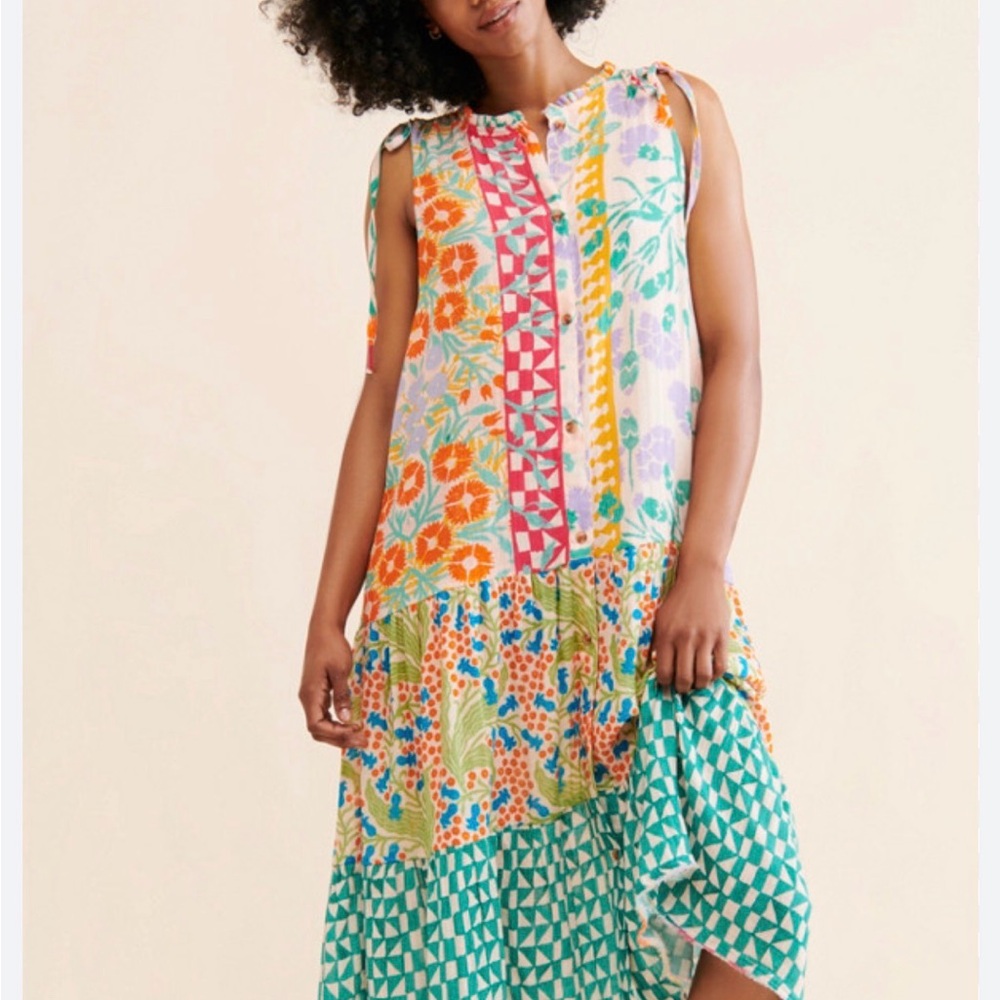 Anthropologie Multicolor Floral and Geometric Midi Dress large nwot